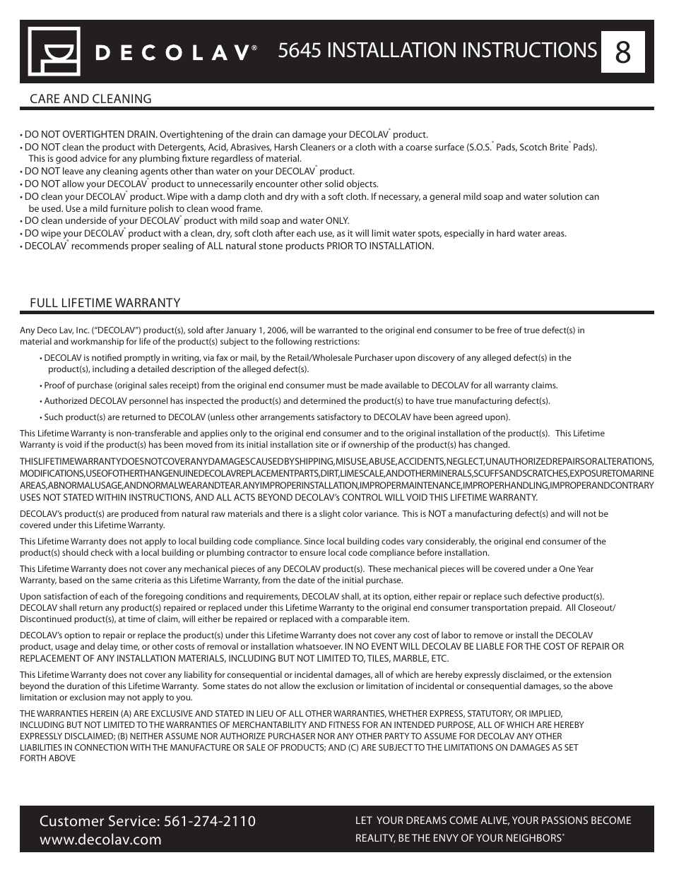 5645 installation instructions, Care and cleaning full lifetime warranty | Decolav 5645 User Manual | Page 8 / 8