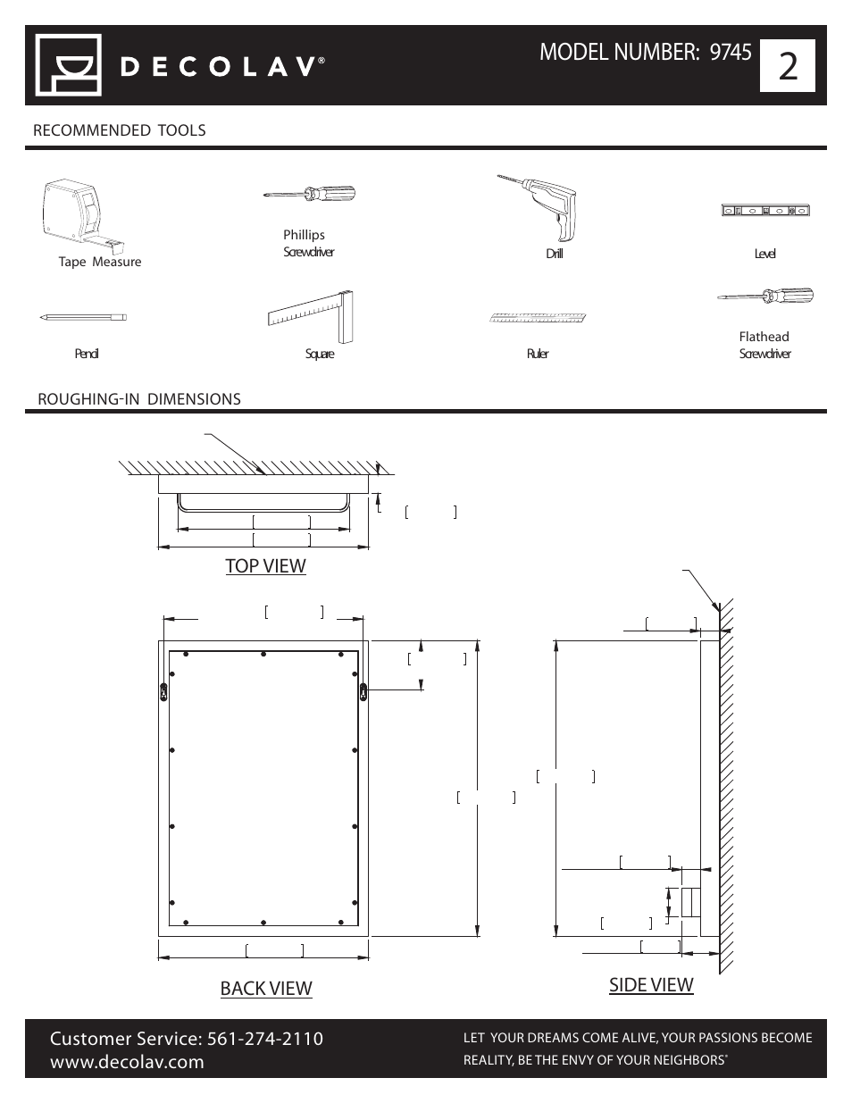 Model number: 9745, Top view back view side view | Decolav 9745 User Manual | Page 2 / 6