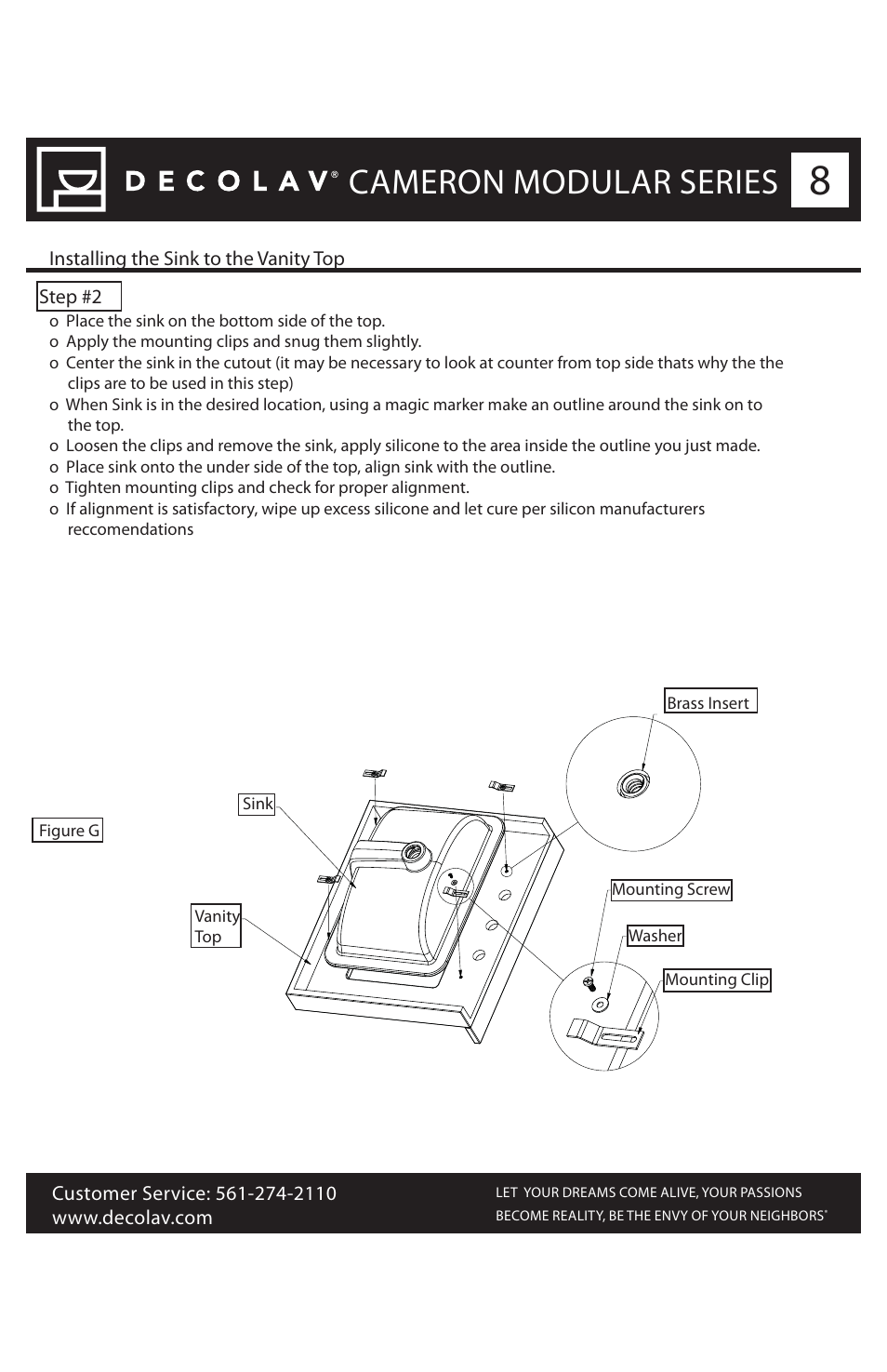 Cameron modular series, Step #2, Installing the sink to the vanity top | Decolav 5230 User Manual | Page 8 / 11