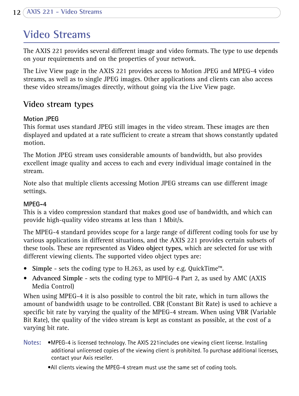 Video streams, Video stream types | Axis Communications AXIS 221 User Manual | Page 12 / 64