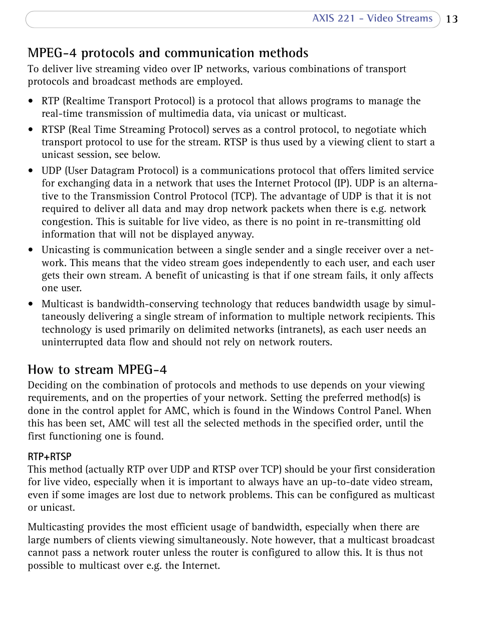 Mpeg-4 protocols and communication methods, How to stream mpeg-4 | Axis Communications AXIS 221 User Manual | Page 13 / 64