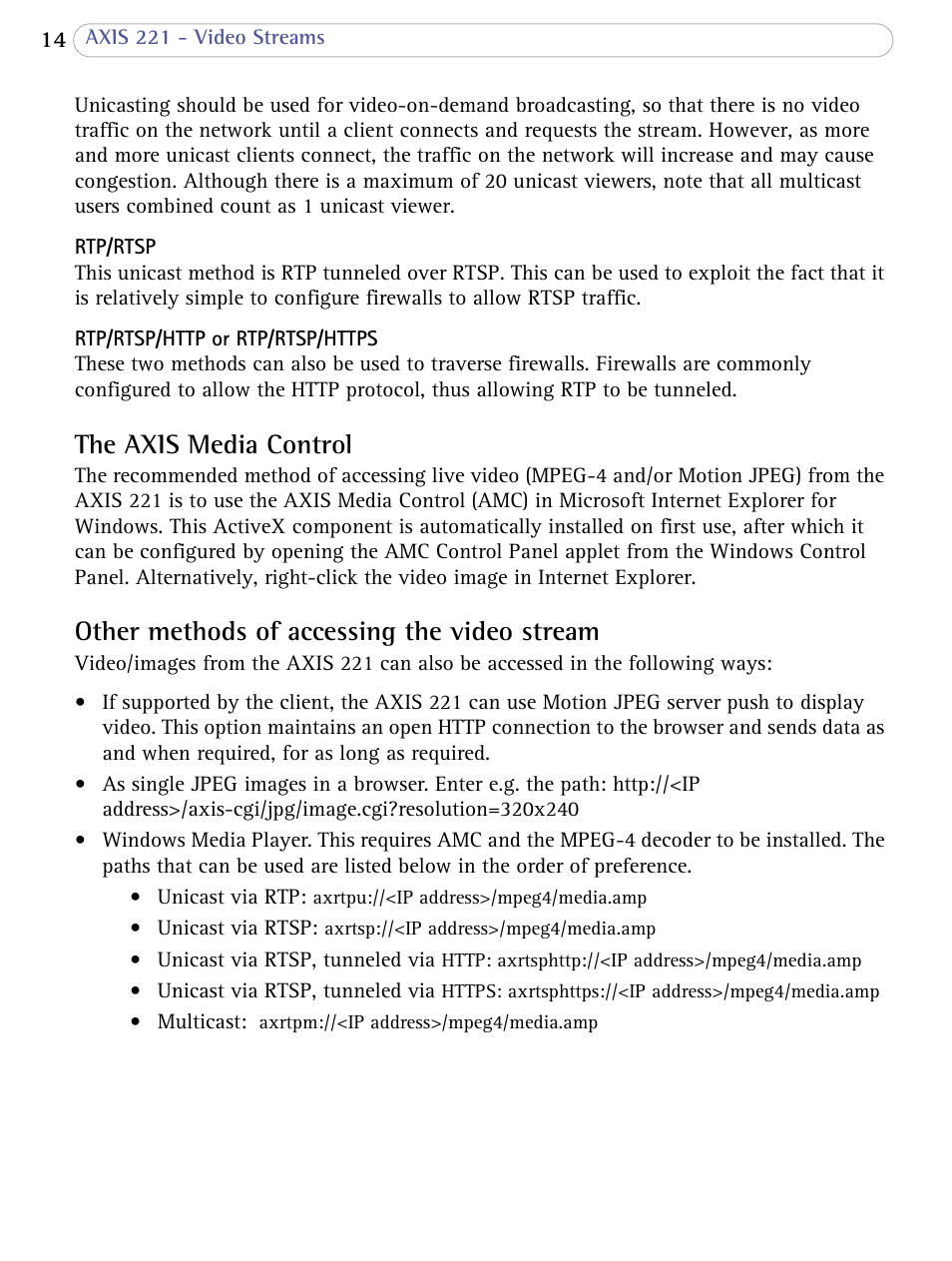The axis media control, Other methods of accessing the video stream | Axis Communications AXIS 221 User Manual | Page 14 / 64