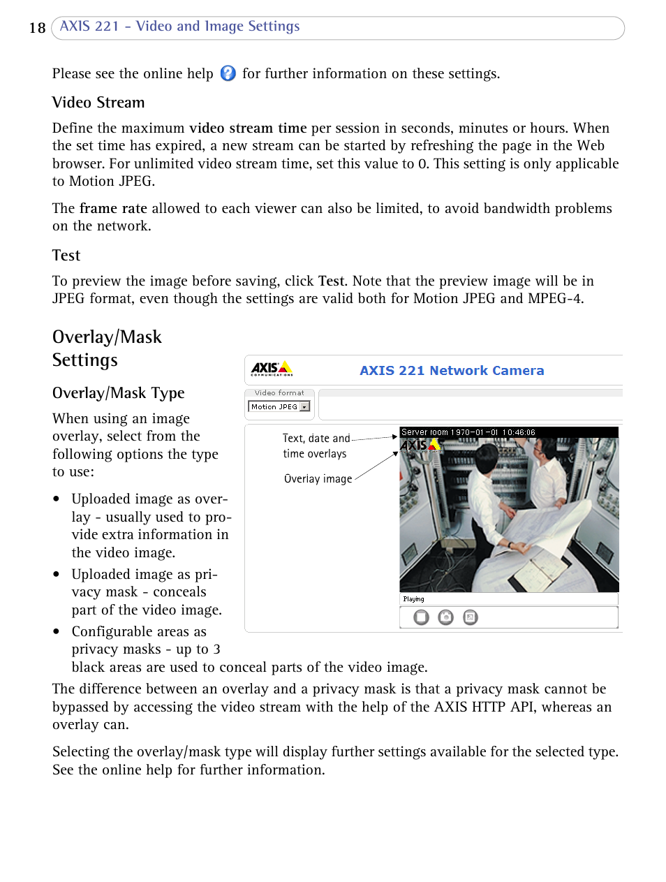 Overlay/mask settings, Overlay / mask settings | Axis Communications AXIS 221 User Manual | Page 18 / 64