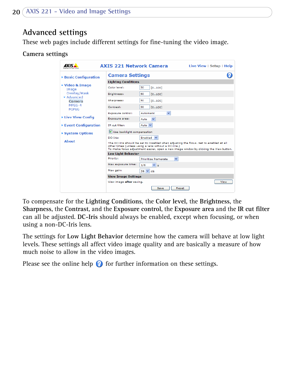 Advanced settings | Axis Communications AXIS 221 User Manual | Page 20 / 64