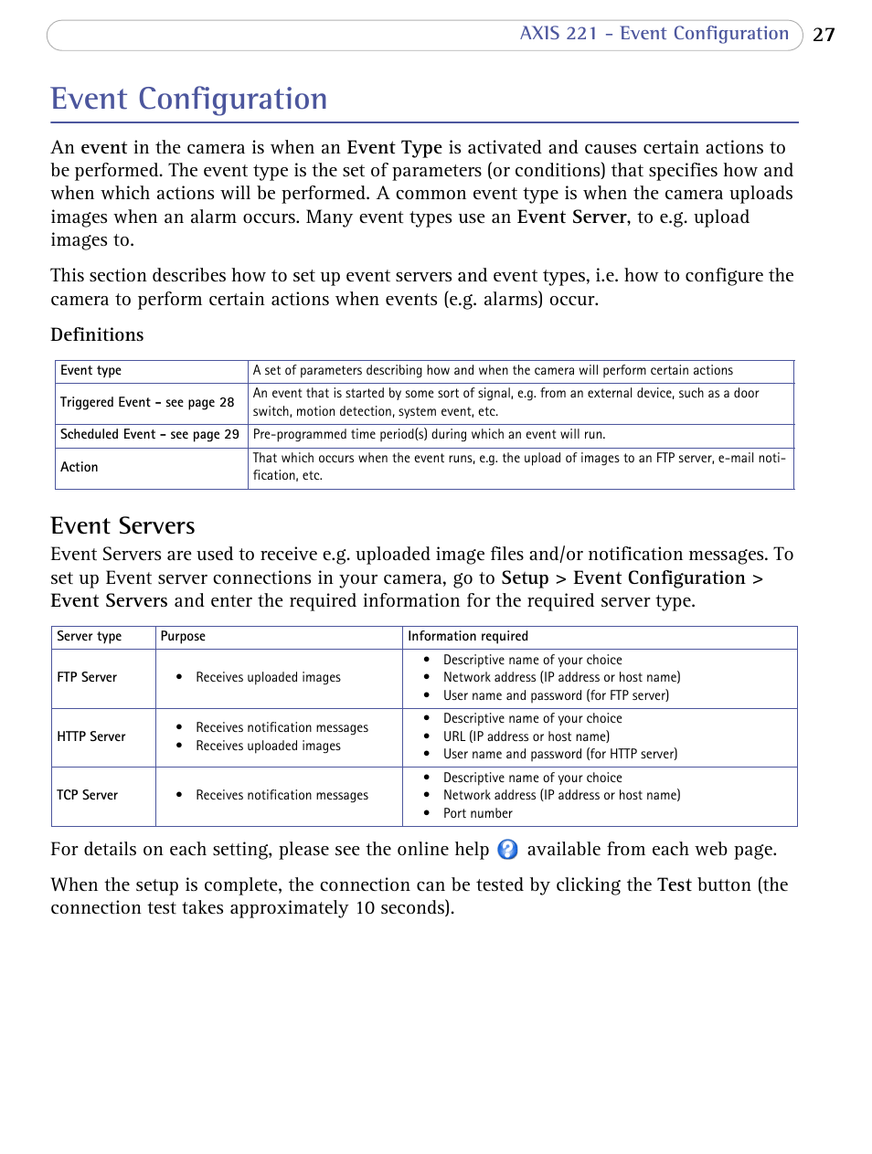 Event configuration, Event servers | Axis Communications AXIS 221 User Manual | Page 27 / 64