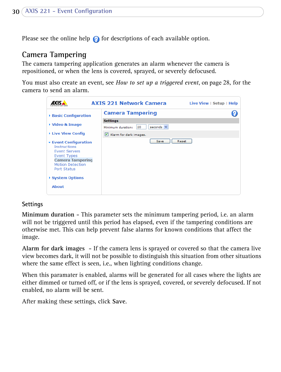 Camera tampering | Axis Communications AXIS 221 User Manual | Page 30 / 64