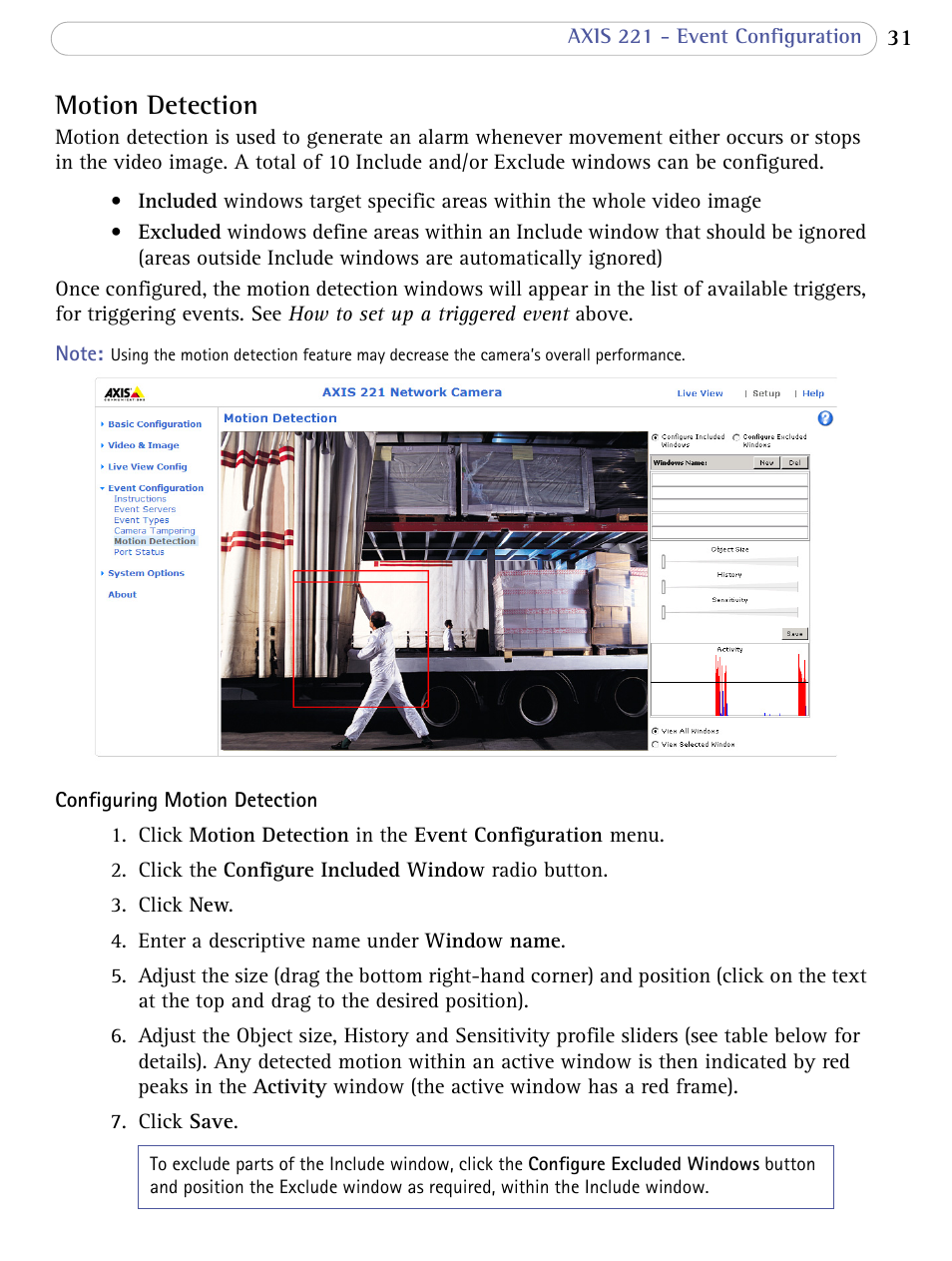 Motion detection | Axis Communications AXIS 221 User Manual | Page 31 / 64