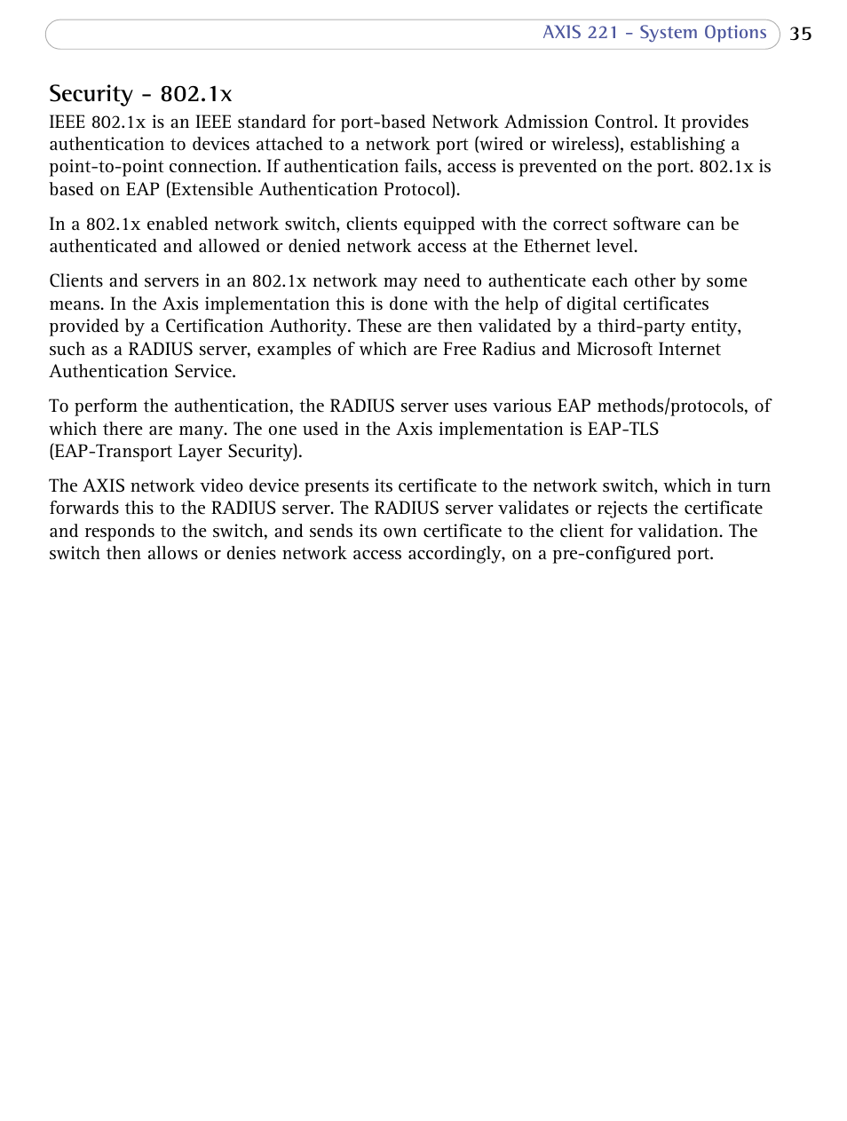 Security - 802.1x | Axis Communications AXIS 221 User Manual | Page 35 / 64