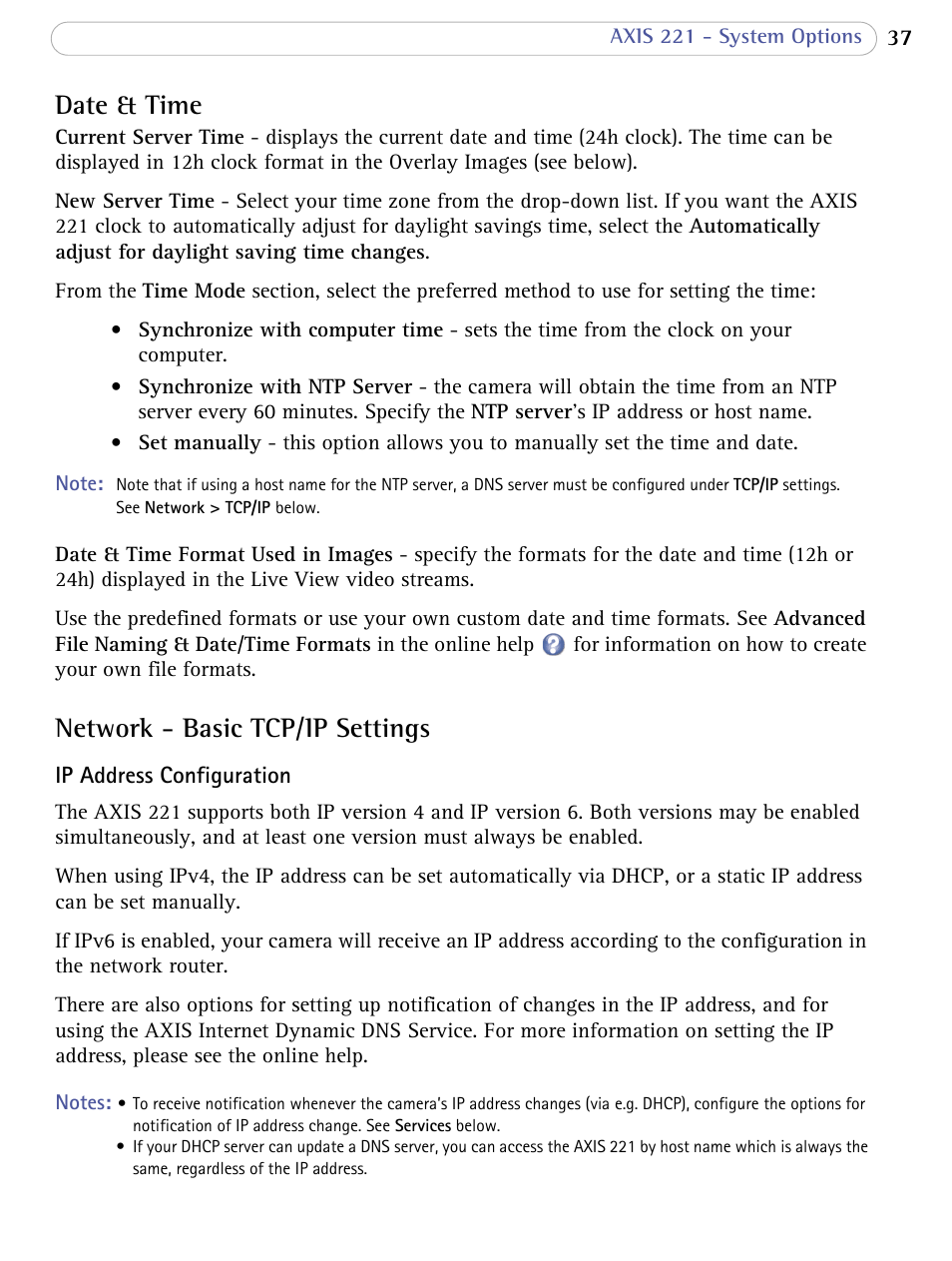 Date & time, Network - basic tcp/ip settings, Date & time network - basic tcp/ip settings | Axis Communications AXIS 221 User Manual | Page 37 / 64