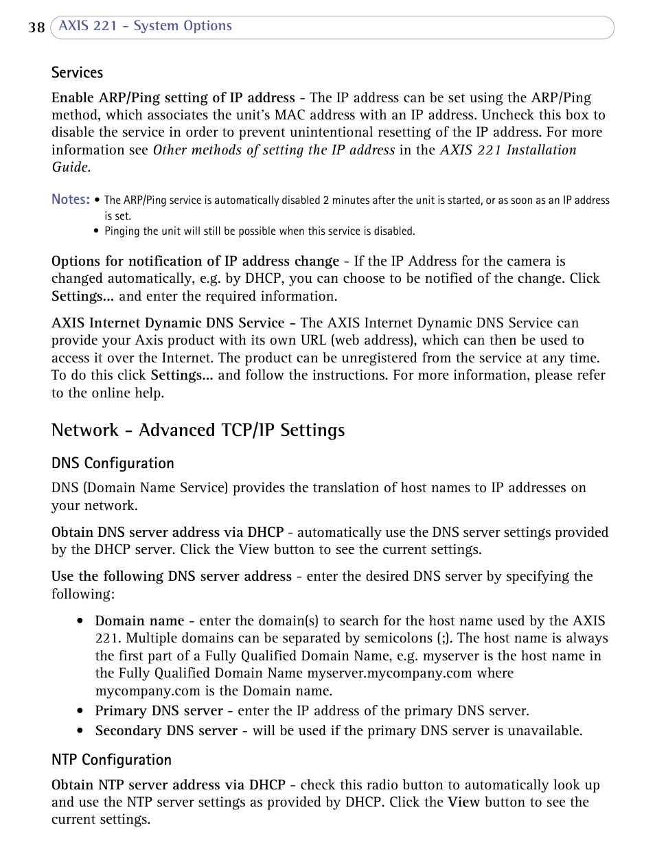 Network - advanced tcp/ip settings | Axis Communications AXIS 221 User Manual | Page 38 / 64