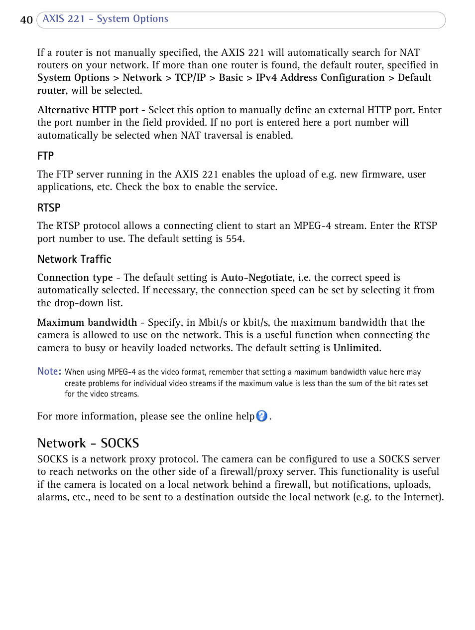 Network - socks | Axis Communications AXIS 221 User Manual | Page 40 / 64