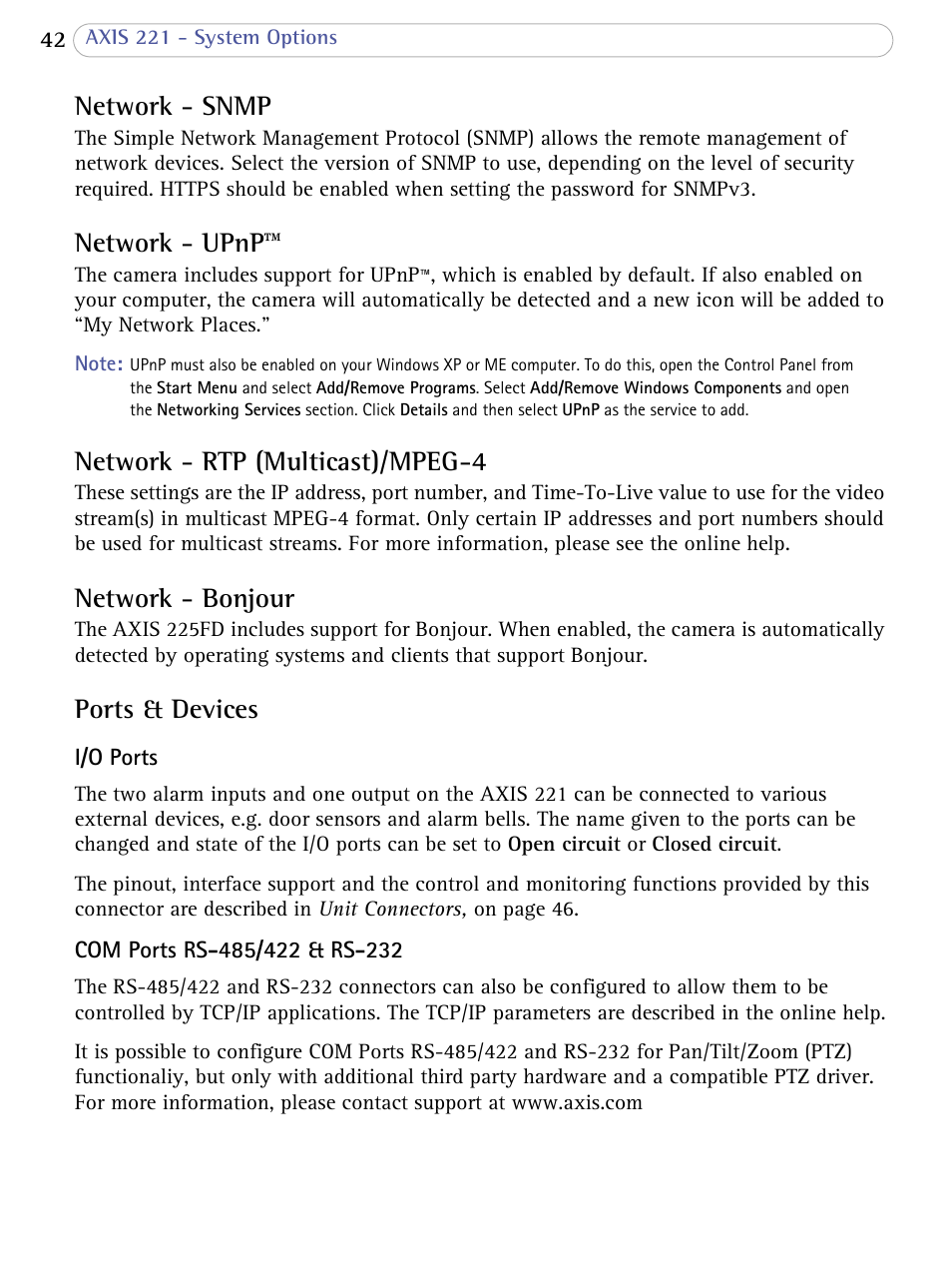 Network - snmp, Network - upnp, Network - rtp (multicast)/mpeg-4 | Network - bonjour, Ports & devices | Axis Communications AXIS 221 User Manual | Page 42 / 64