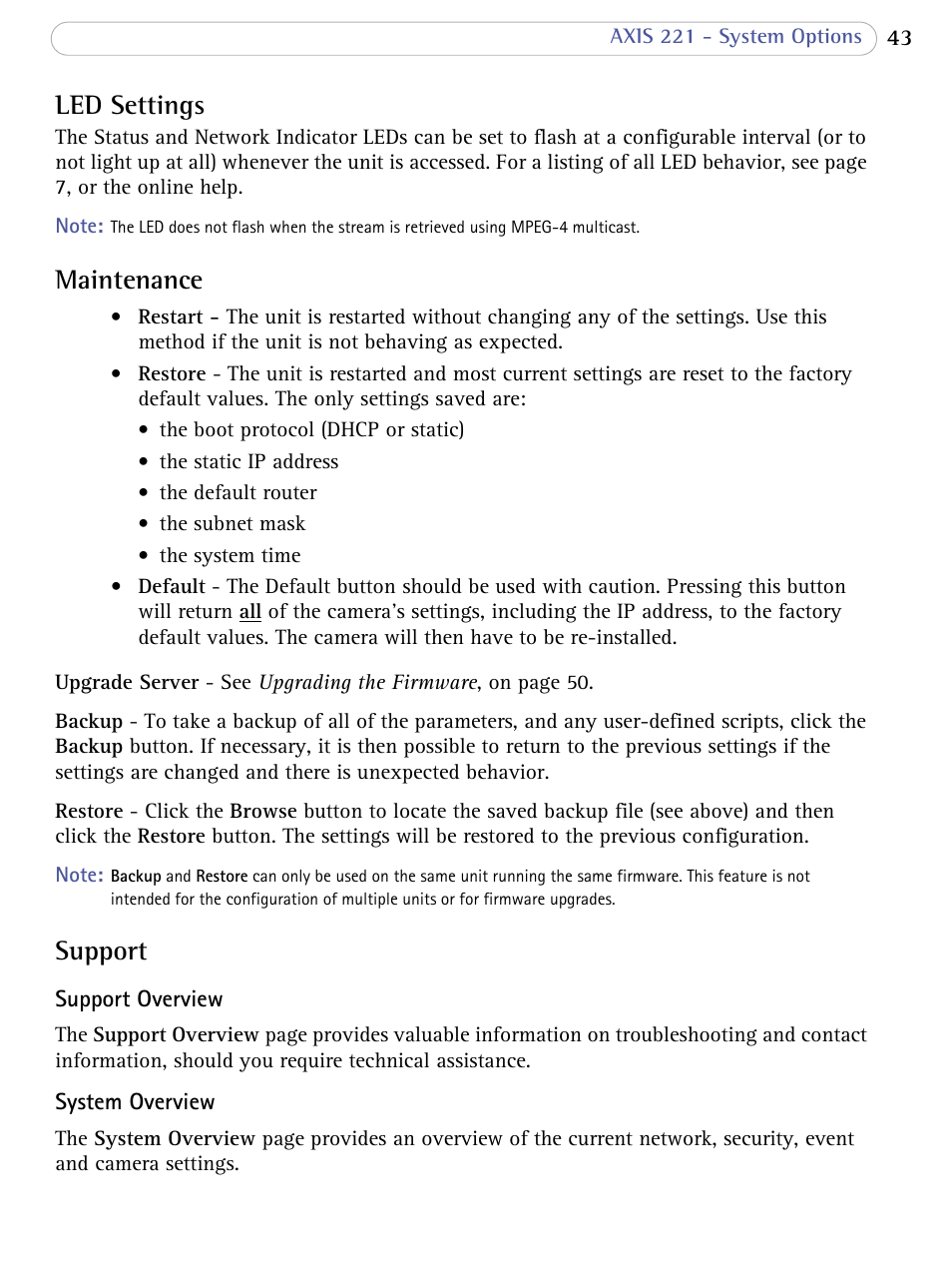 Led settings, Maintenance, Support | Led settings maintenance support | Axis Communications AXIS 221 User Manual | Page 43 / 64