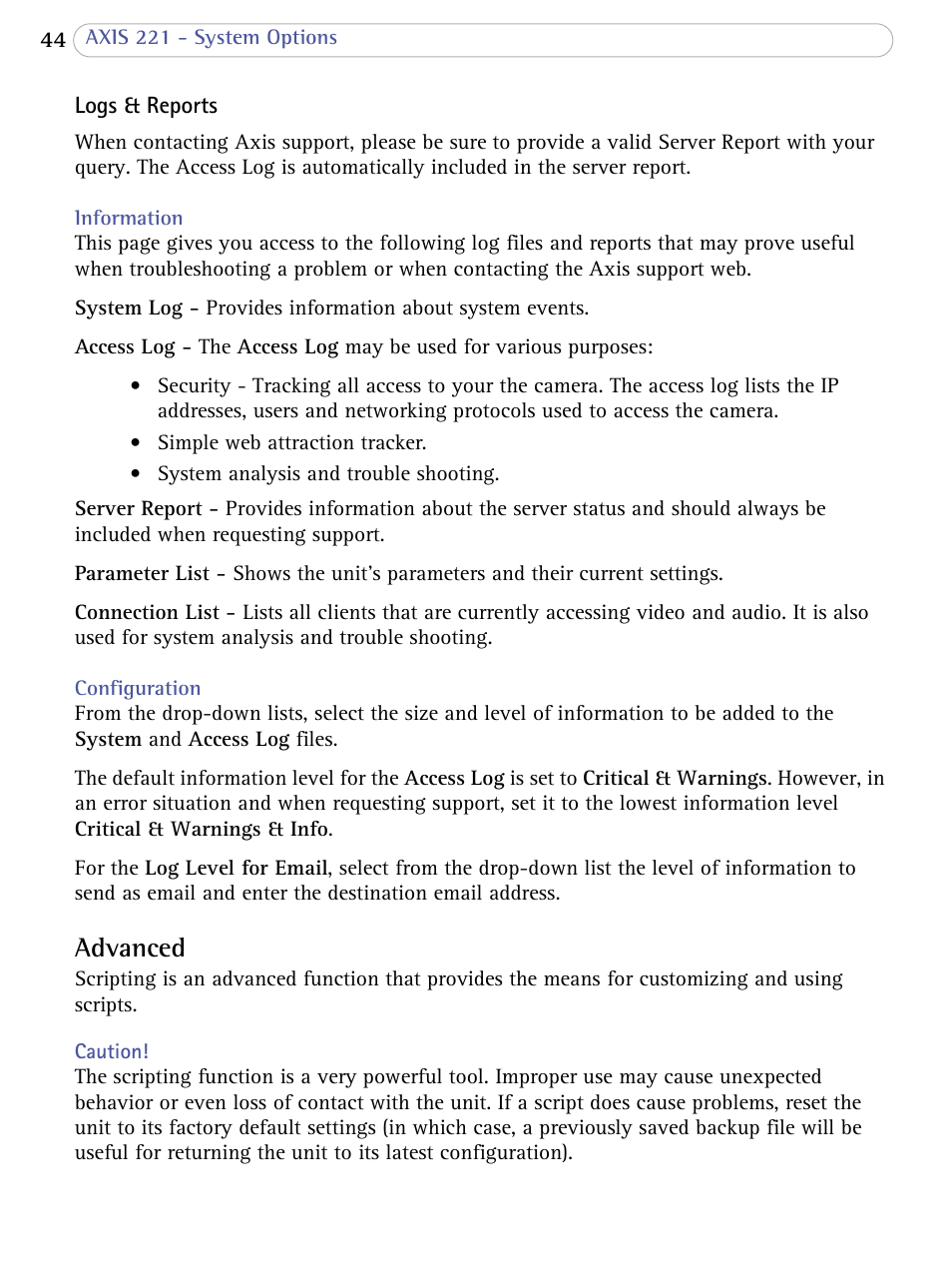 Advanced | Axis Communications AXIS 221 User Manual | Page 44 / 64