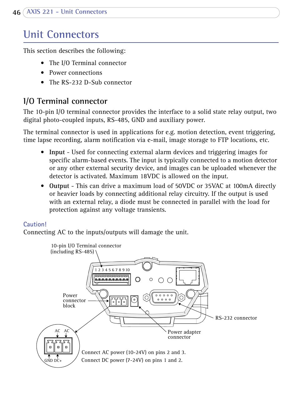 Unit connectors, I/o terminal connector | Axis Communications AXIS 221 User Manual | Page 46 / 64