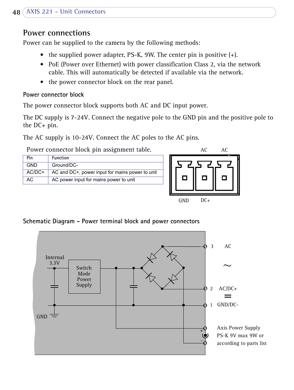 Power connections, See power connections, on | Axis Communications AXIS 221 User Manual | Page 48 / 64