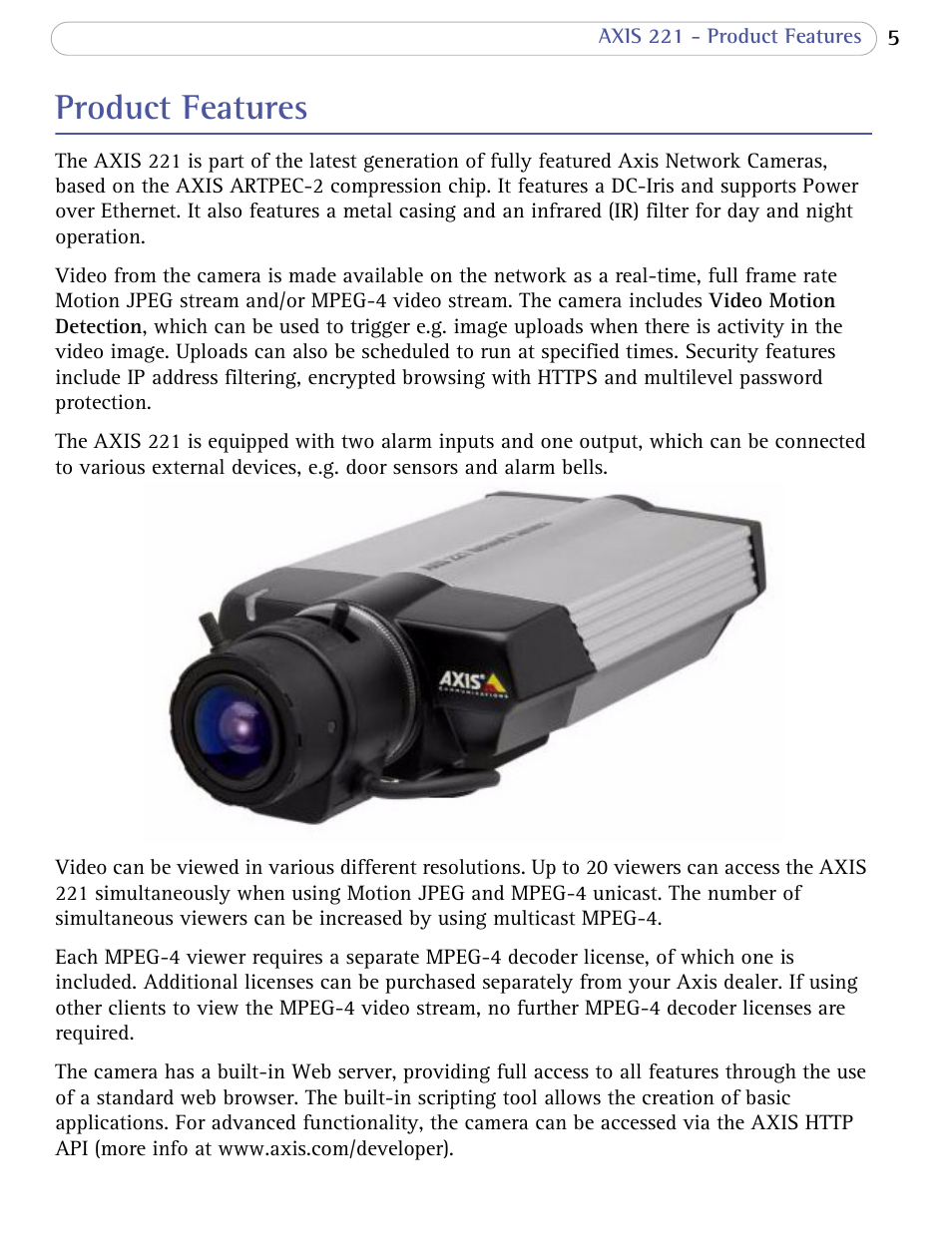 Product features | Axis Communications AXIS 221 User Manual | Page 5 / 64