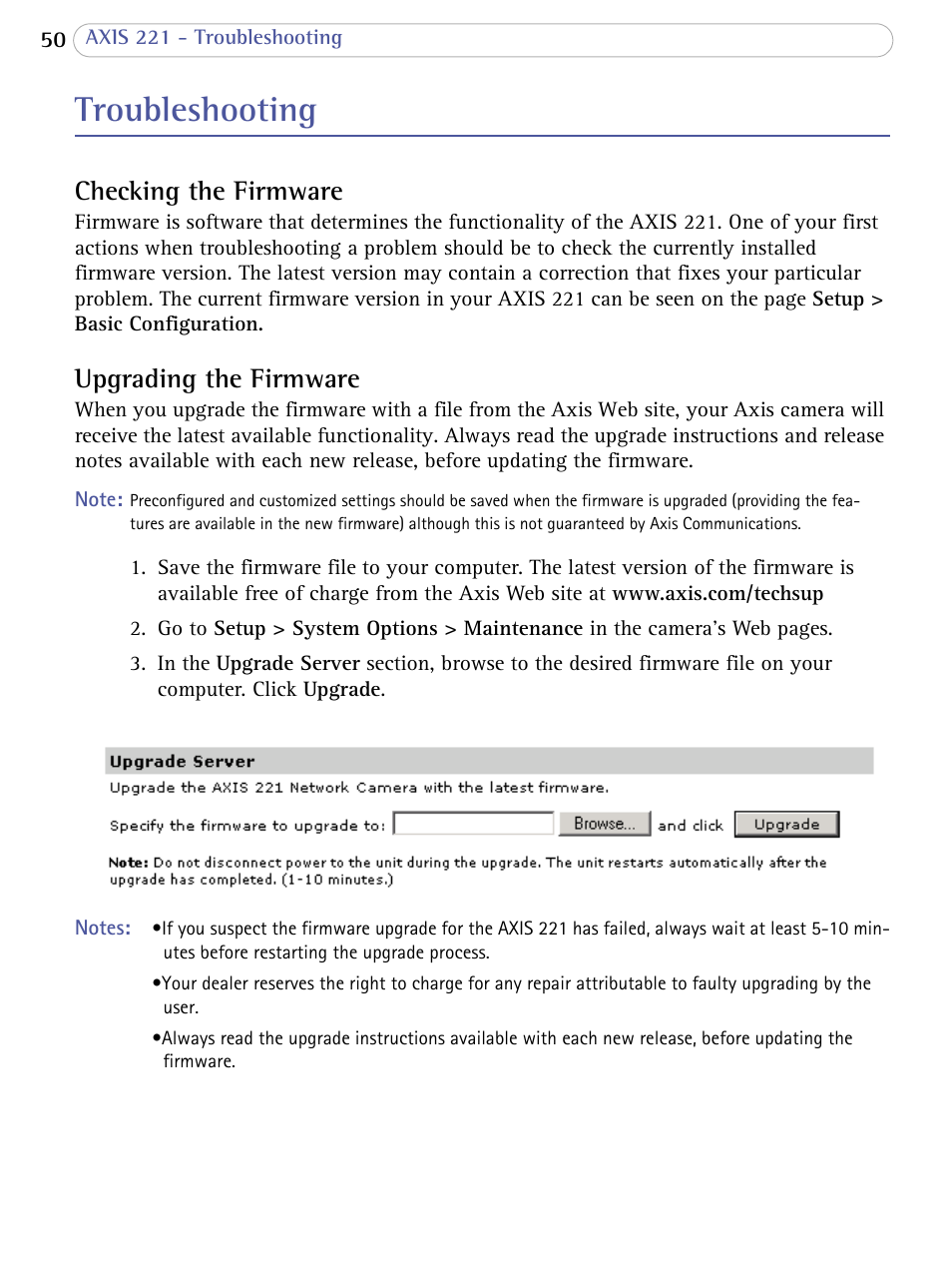 Troubleshooting, Checking the firmware, Upgrading the firmware | Checking the firmware upgrading the firmware | Axis Communications AXIS 221 User Manual | Page 50 / 64