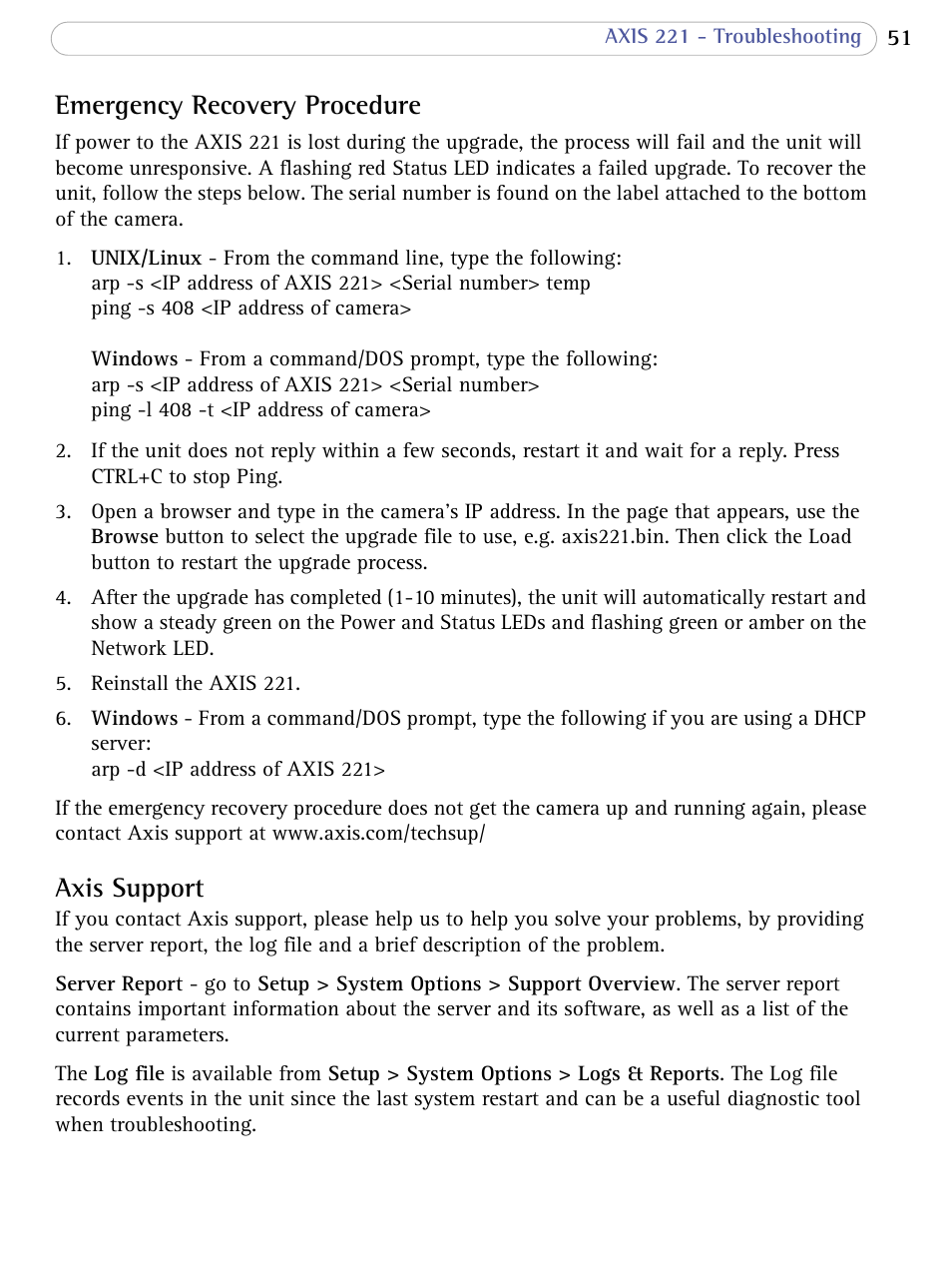 Emergency recovery procedure, Axis support | Axis Communications AXIS 221 User Manual | Page 51 / 64
