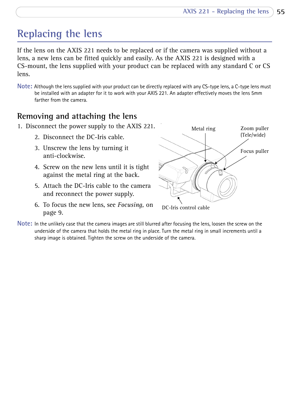 Replacing the lens, Removing and attaching the lens | Axis Communications AXIS 221 User Manual | Page 55 / 64