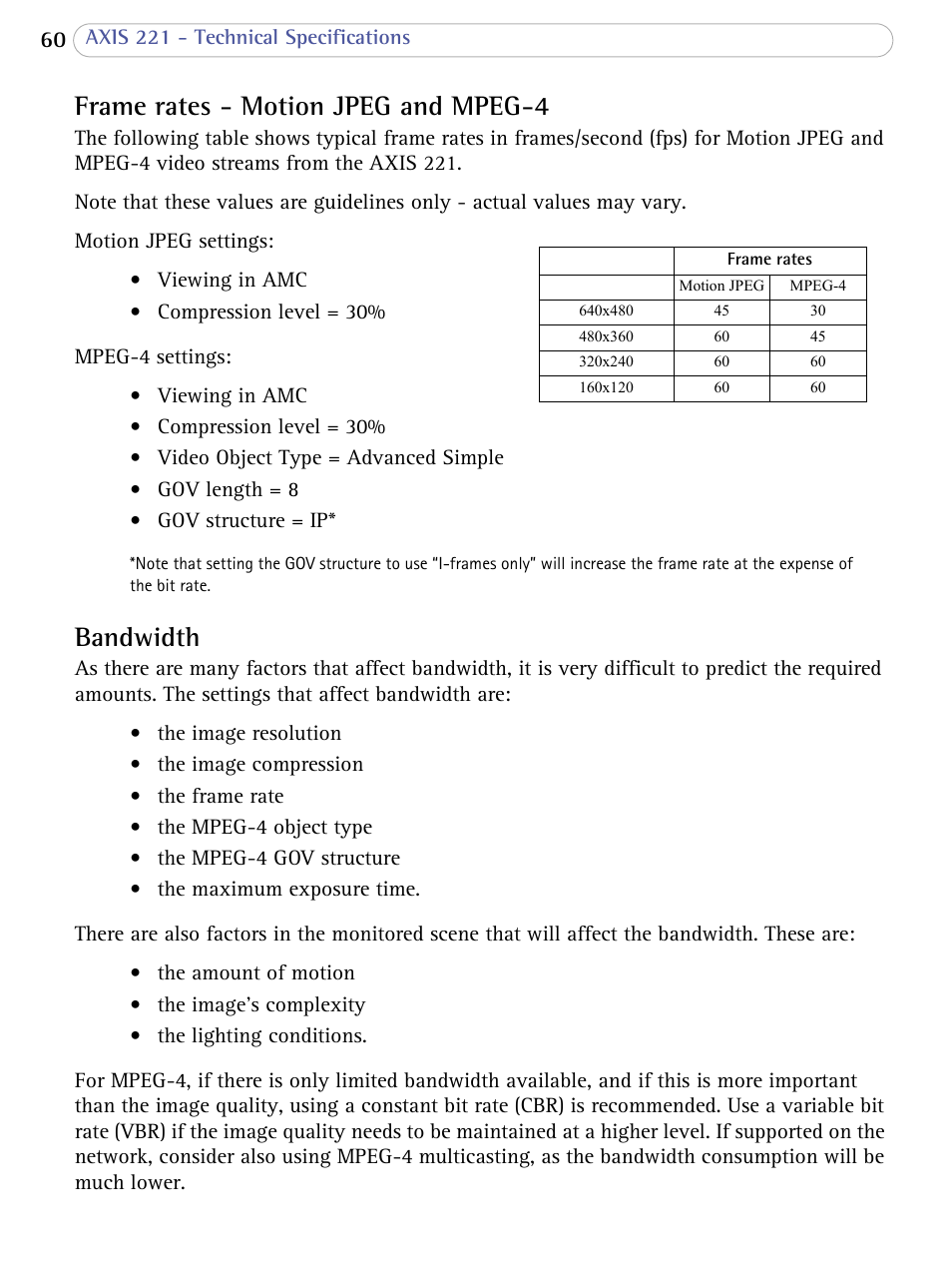 Frame rates - motion jpeg and mpeg-4, Bandwidth, Frame rates - motion jpeg and mpeg-4 bandwidth | Axis Communications AXIS 221 User Manual | Page 60 / 64