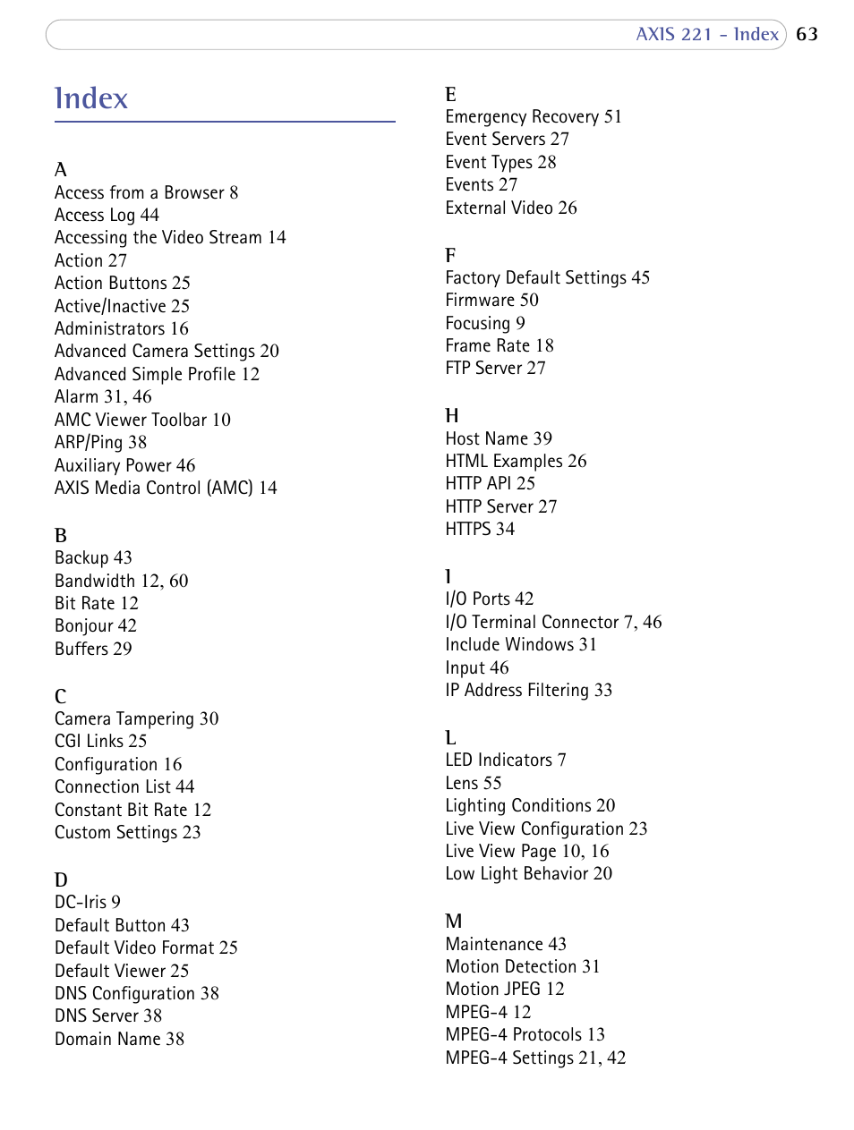Index | Axis Communications AXIS 221 User Manual | Page 63 / 64