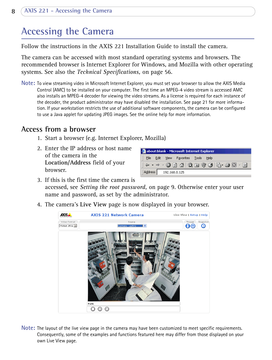 Accessing the camera, Access from a browser | Axis Communications AXIS 221 User Manual | Page 8 / 64