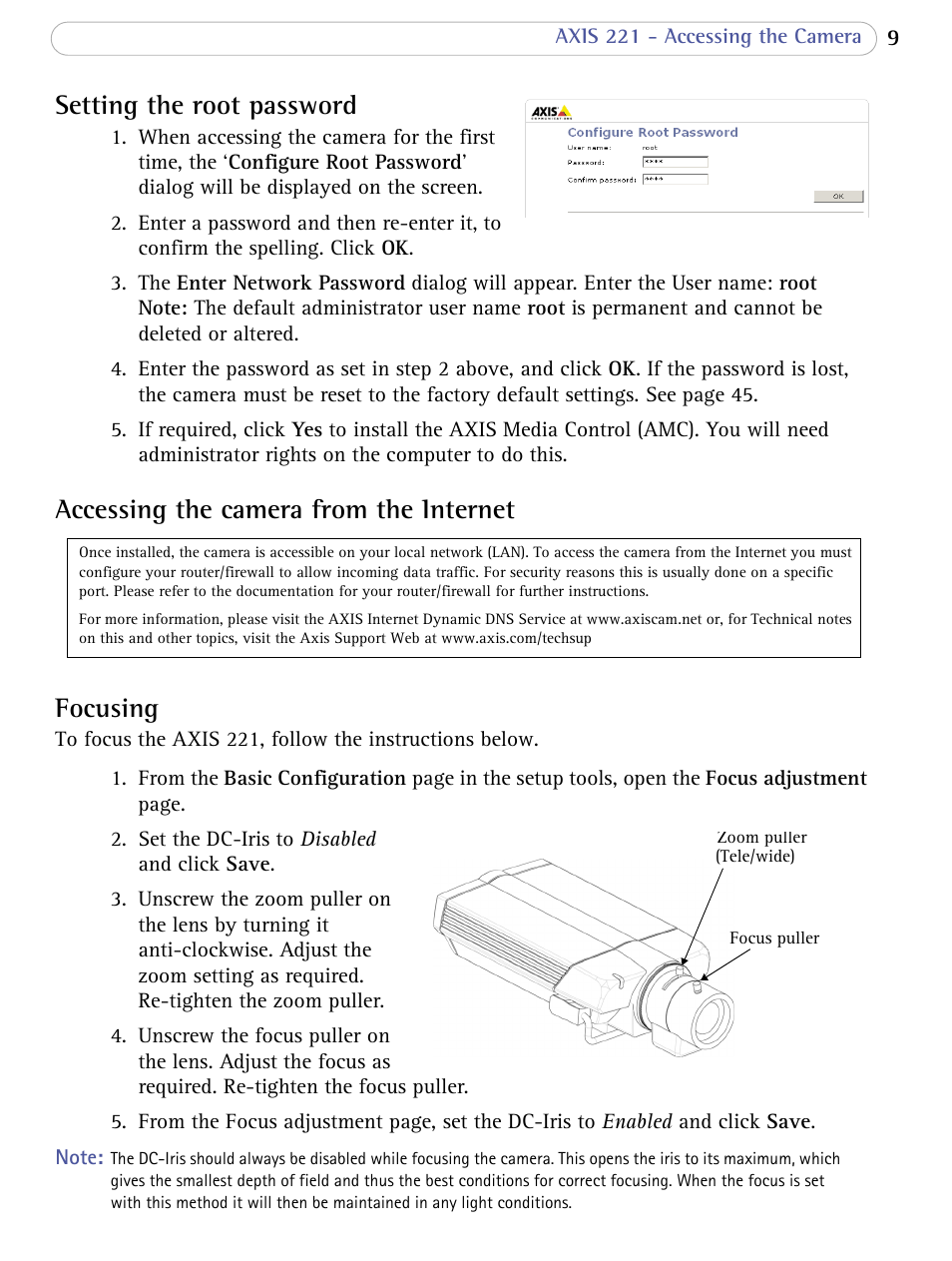 Setting the root password, Accessing the camera from the internet, Focusing | Accessing the camera from the internet focusing | Axis Communications AXIS 221 User Manual | Page 9 / 64