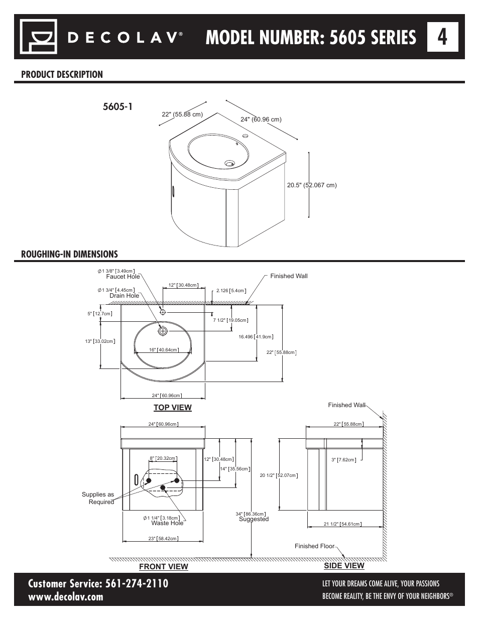 Model number: 5605 series, Roughing-in dimensions | Decolav 5605-4 User Manual | Page 4 / 38