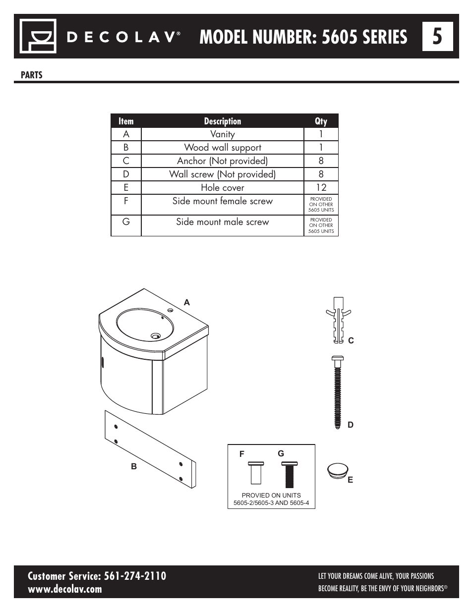 Model number: 5605 series, Gside mount male screw, Parts | Decolav 5605-4 User Manual | Page 5 / 38