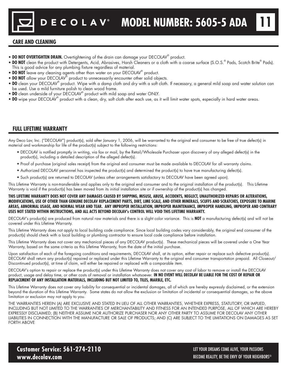 Care and cleaning full lifetime warranty | Decolav 5605-5 User Manual | Page 11 / 33
