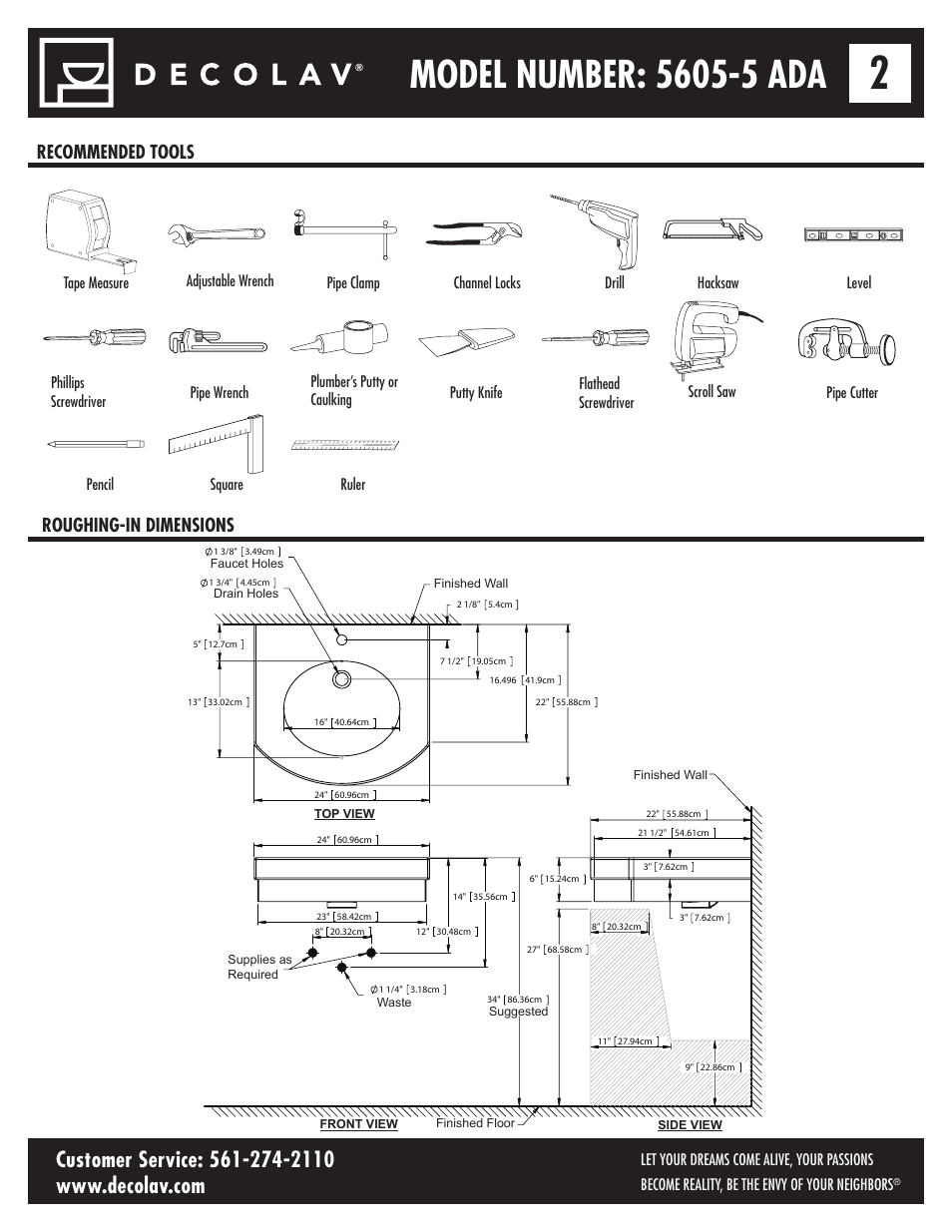 Recommended tools roughing-in dimensions | Decolav 5605-5 User Manual | Page 2 / 33