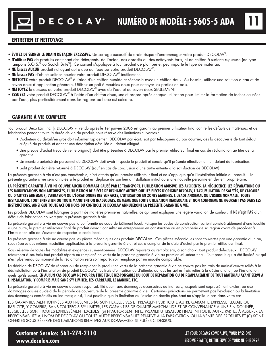 Entretien et nettoyage garantie à vie complète | Decolav 5605-5 User Manual | Page 22 / 33