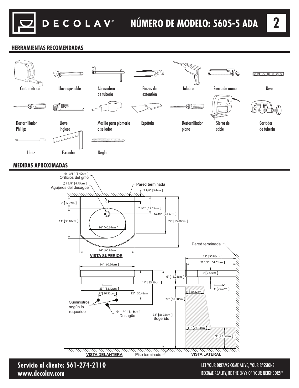 Herramientas recomendadas medidas aproximadas | Decolav 5605-5 User Manual | Page 24 / 33