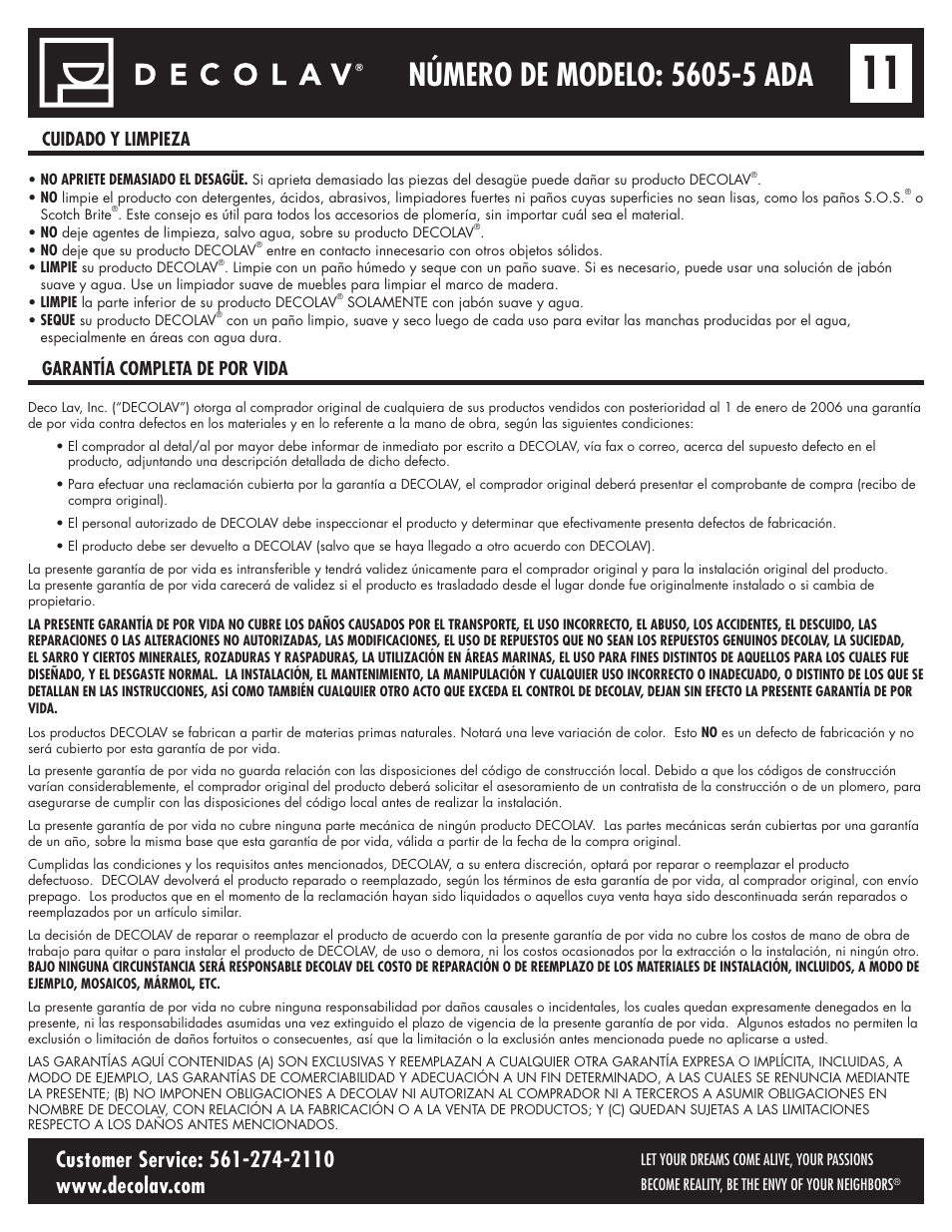 Cuidado y limpieza garantía completa de por vida | Decolav 5605-5 User Manual | Page 33 / 33