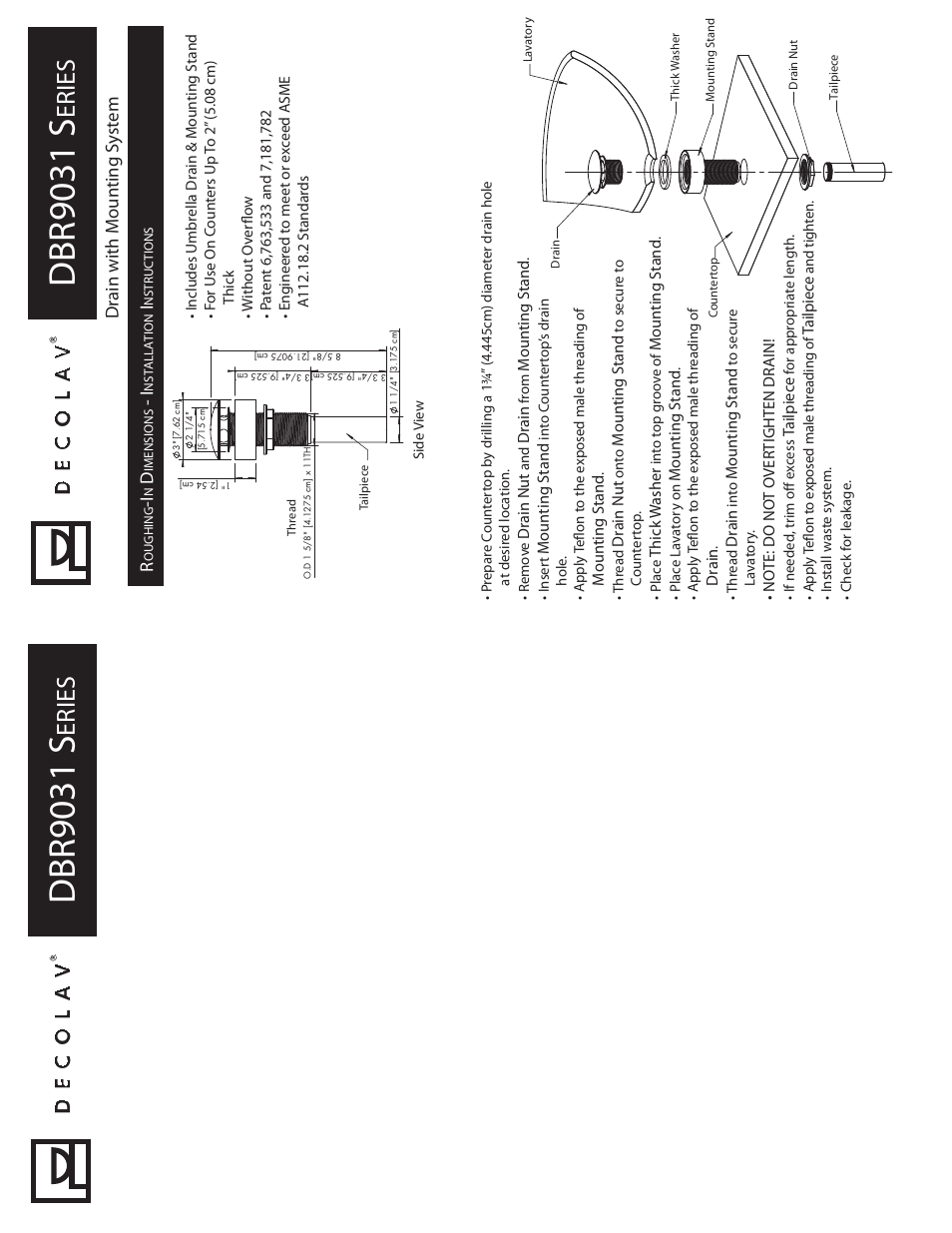 Dbr9031 s, Er ies, Decola v | Drain with m ounting s y st em, Garantie à vie limitée, Drain nut, Drain, Mounting stand, Thick w asher, No te: do no t over tighten drain | Decolav 9031 User Manual | Page 2 / 4