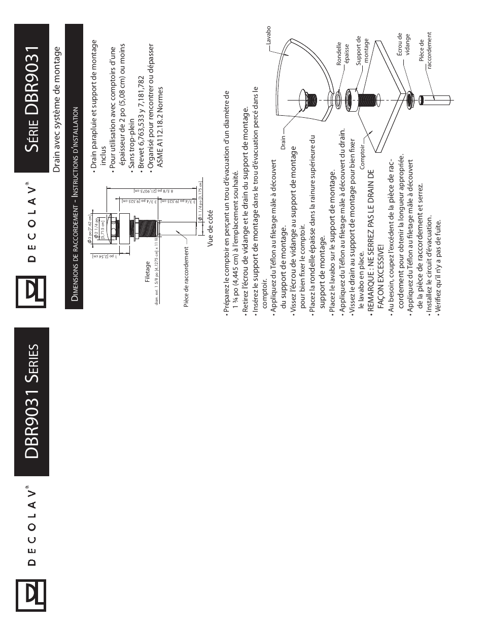 Dbr9031, Dbr9031 s, Ér ie | Er ies, Decola v, Drain a v ec sy st ème de montage, Garantía limitada de por vida, L’écr ou de vidange, Drain, Suppor t de montage | Decolav 9031 User Manual | Page 4 / 4