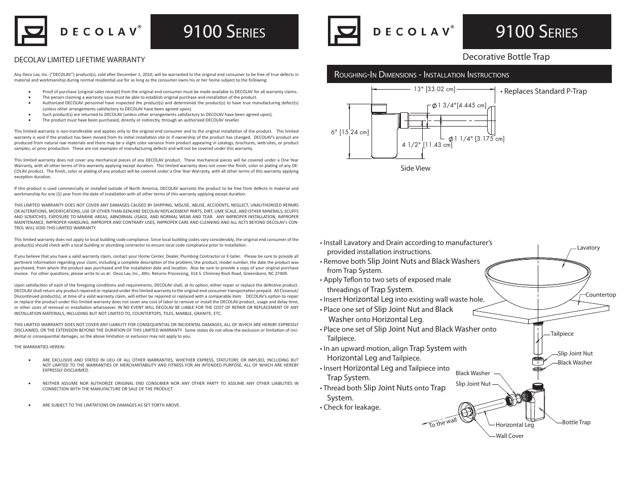 9100 s, Eries, Decorative bottle trap | Decolav 9100 User Manual | Page 2 / 4