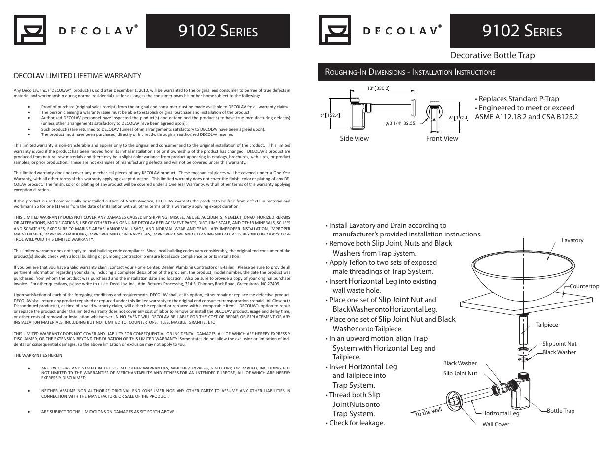 9102 s, Eries, Decorative bottle trap r | Decolav 9102 User Manual | Page 2 / 4