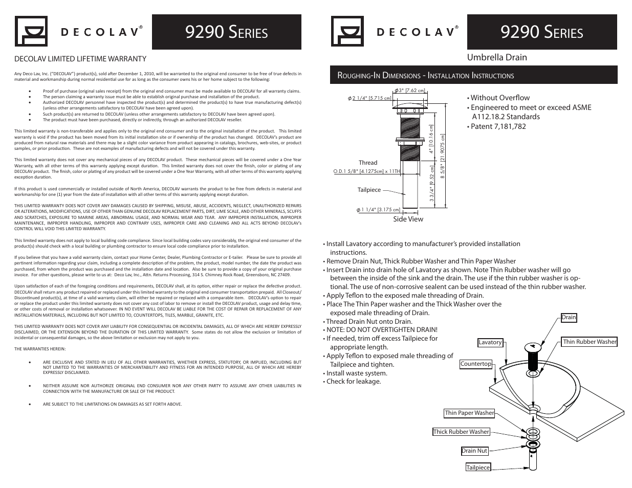 9290 s, Eries, Umbrella drain | Decolav 9290 User Manual | Page 2 / 4