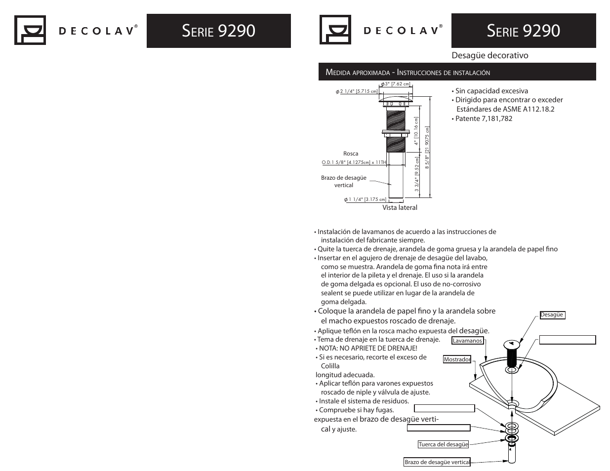 Erie, Desagüe decorativo | Decolav 9290 User Manual | Page 3 / 4