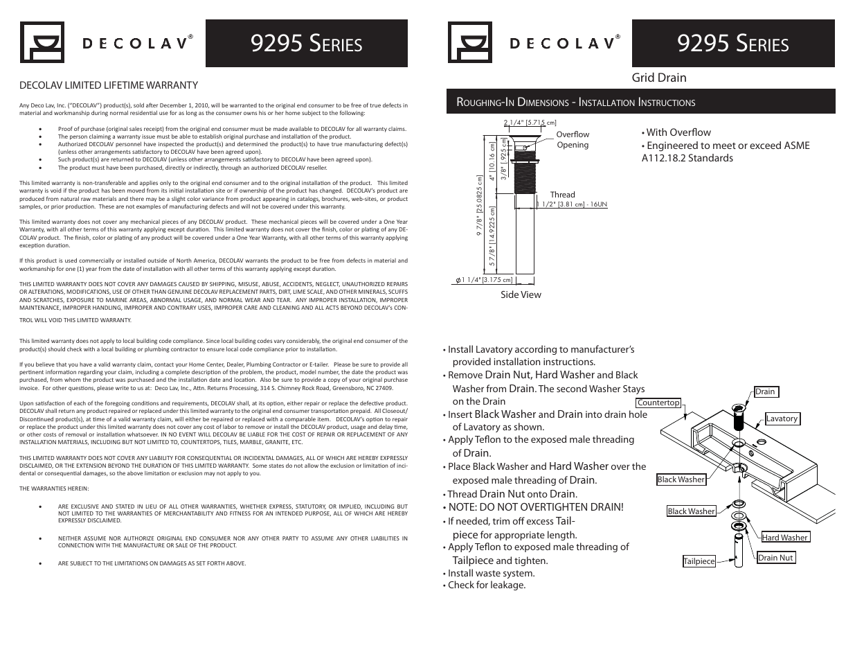 9295 s, Eries, Grid drain | Decolav 9295 User Manual | Page 2 / 4