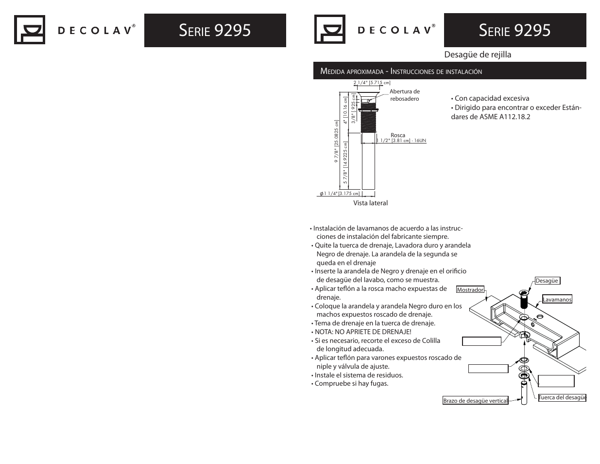 Erie, Desagüe de rejilla | Decolav 9295 User Manual | Page 3 / 4