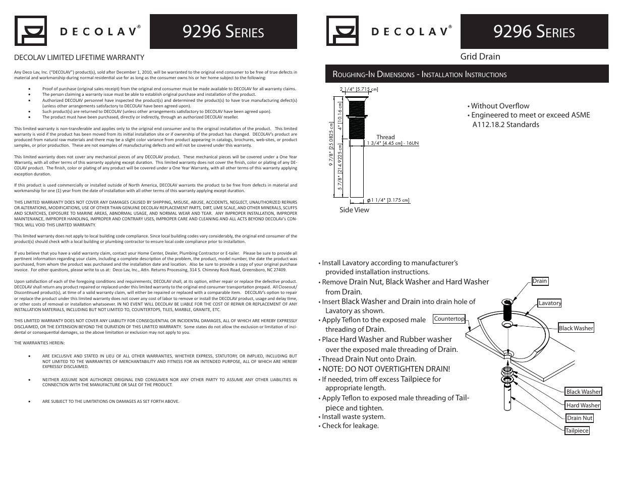 9296 s, Eries, Grid drain | Decolav 9296 User Manual | Page 2 / 4