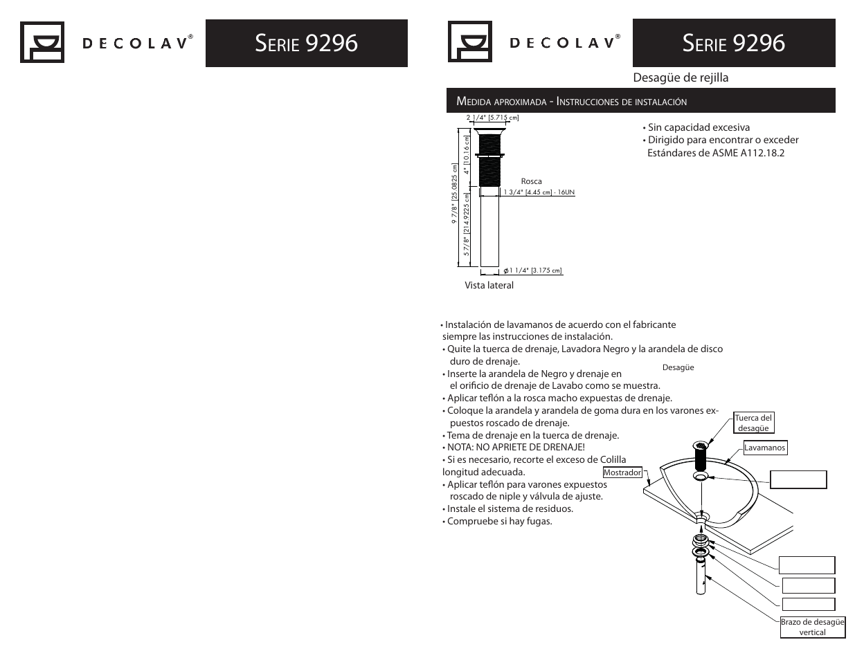 Erie, Desagüe de rejilla | Decolav 9296 User Manual | Page 3 / 4