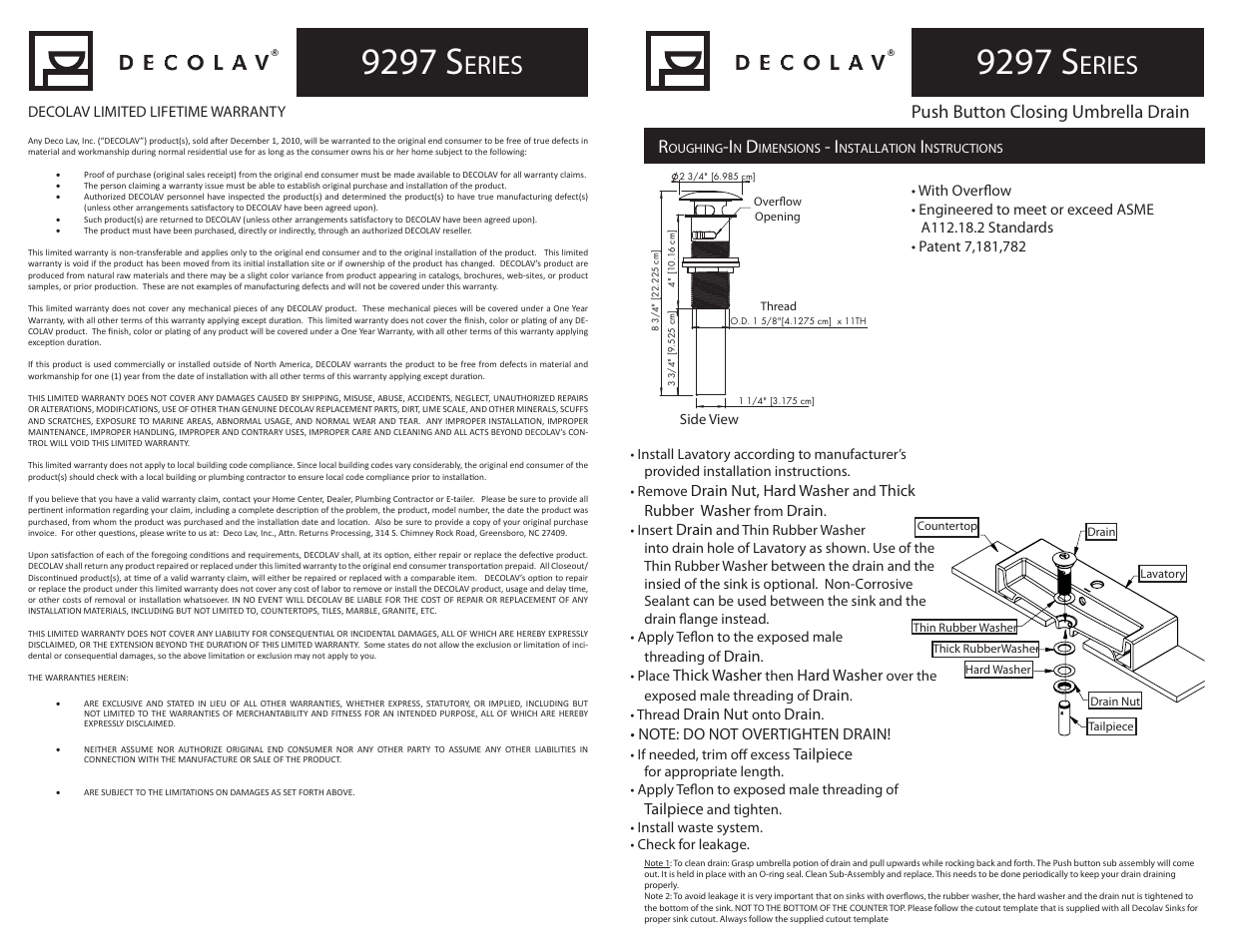 9297 s, Eries, Push button closing umbrella drain r | Decolav 9297 User Manual | Page 2 / 4