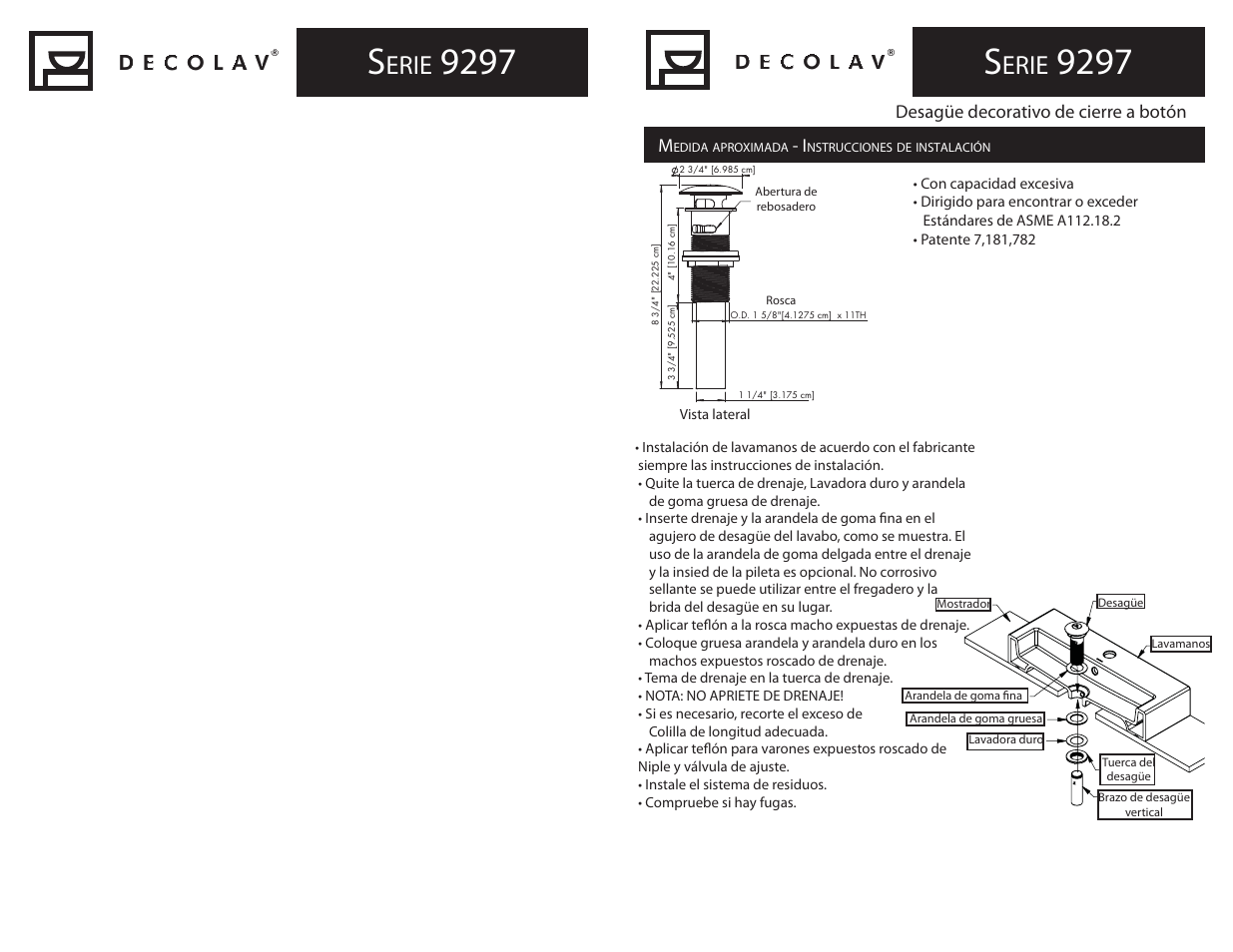 Erie, Desagüe decorativo de cierre a botón | Decolav 9297 User Manual | Page 3 / 4