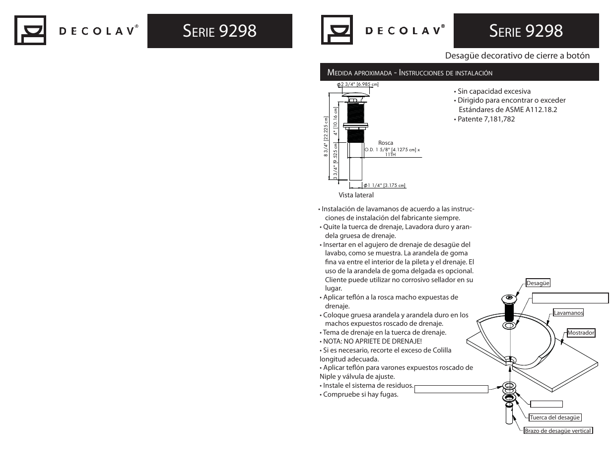 Erie, Desagüe decorativo de cierre a botón | Decolav 9298 User Manual | Page 3 / 4