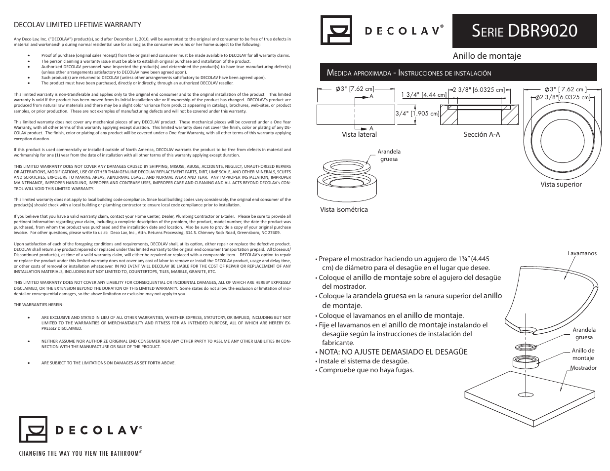Dbr9020, Erie, Anillo de montaje | Decolav 9020 User Manual | Page 2 / 3