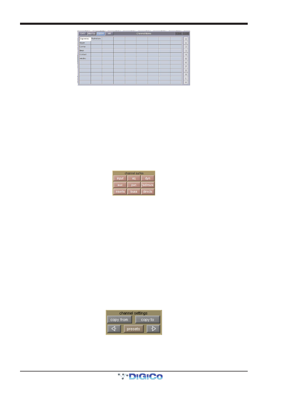 5 channel safes, 6 copy channels, Channel safes | Clear, Copy channels, Copy from, Safe, 5 channel safes -4, 6 copy channels -4, Chapter 1 - channel types | DiGiCo SD Series User Manual | Page 11 / 116